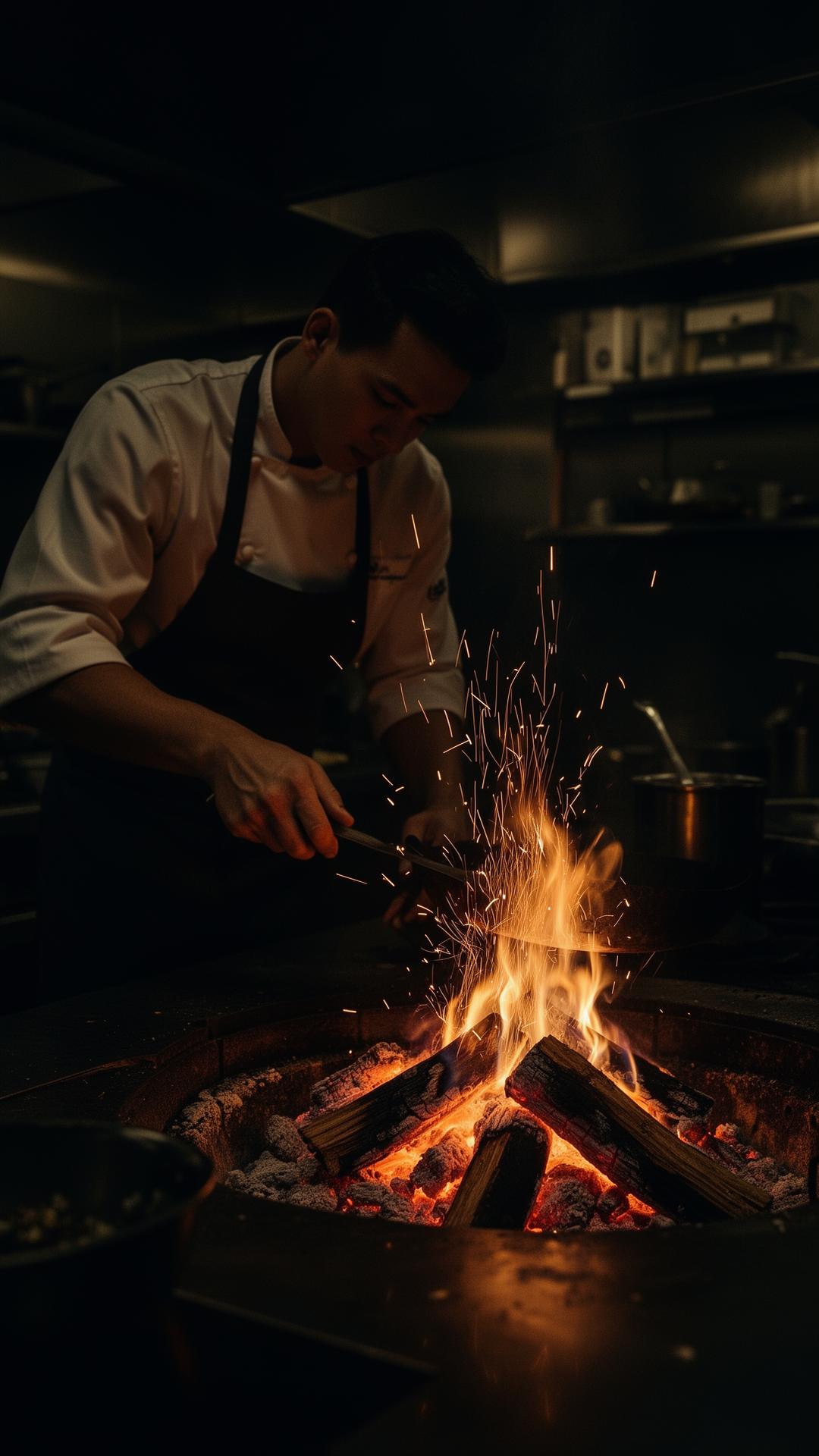 Chef tending an open wood-fire hearth